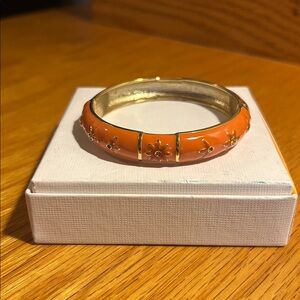 Gold plated orange with pink flower enamel hinged bangle bracelet